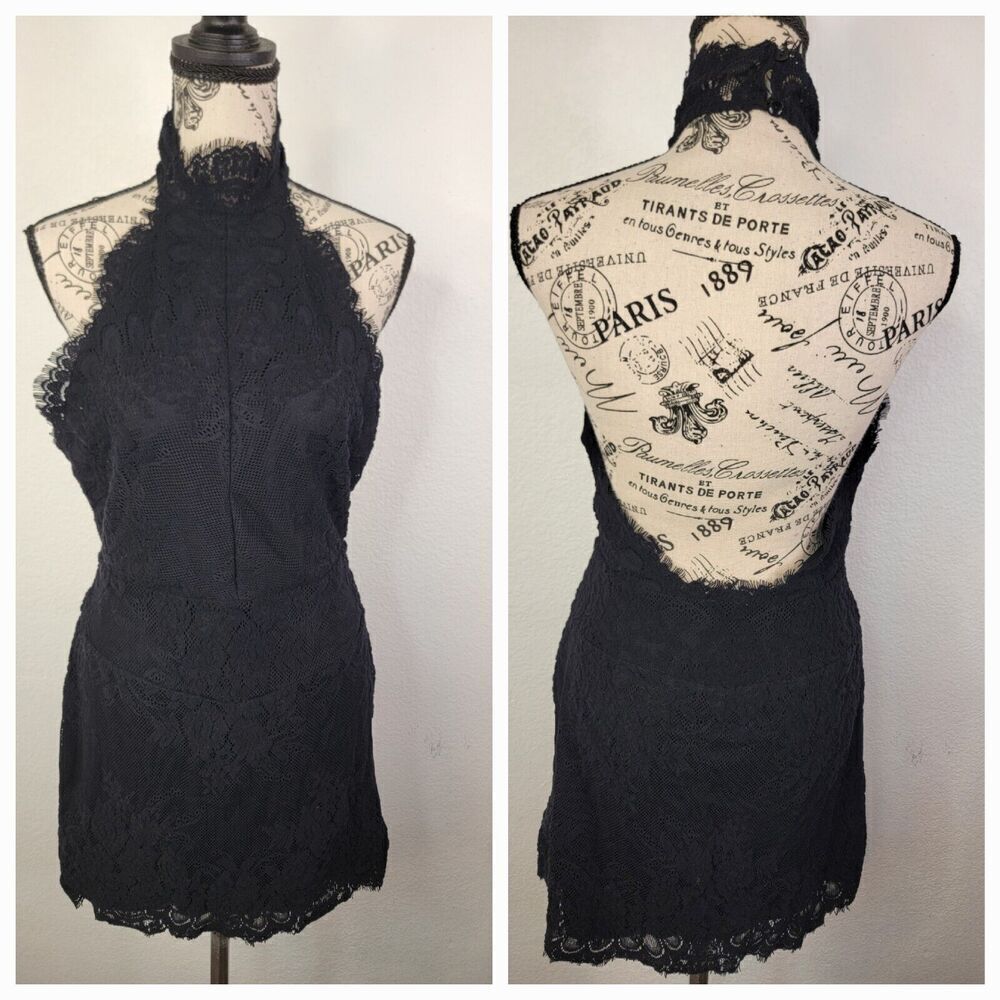 Free People Mini Dress M Harper Lace Halter Open Back OB915841 black Womens